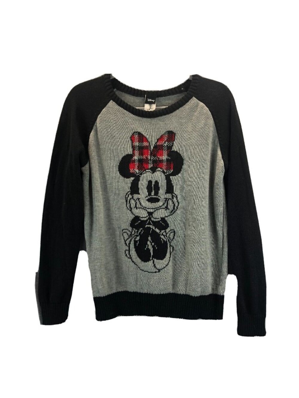 Disney Womens Minnie Mouse Gray Sweater Size XL Contrasting Black Sleeves